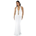 Detail of elegant white halter dress featuring deep V-neck and decorative gold metallic balls - S / White
