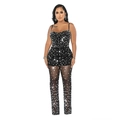 Detail of black rhinestone jumpsuit with sheer mesh legs and sparkling silver sequins - S / Black