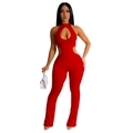 Close-up of red halter jumpsuit showing sexy cut-out details and fitted waist design - L / Red