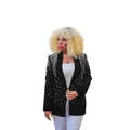 Detail view of black blazer lapel with white pearl embellishments and long sleeves - S / Black