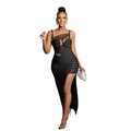 Elegantes schwarzes figurbetontes Maxikleid mit Mesh-Einsätzen und hohem Seitenschlitz - S / Schwarz