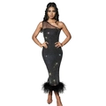 Elegant black one-shoulder bandage dress with sparkling rhinestones and feather trim hem - S / Black