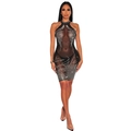 Elegant black mesh rhinestone bodycon dress with halter neck and sheer party style - S / Black