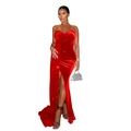 Close-up of luxury red sequin stitching on the velvet evening dress with high slit - S / Red
