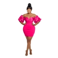 Detail of hot pink off-shoulder mini dress with puff sleeves and ruched texture - 2XL / Rose Red