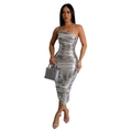 Detailed view of silver metallic one-shoulder midi dress with ruched bodycon design - S / Silver