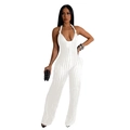 Close-up of white ribbed halter jumpsuit with deep V-neck and wide-leg design detail - White