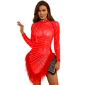 Mini abito rosso a maniche lunghe in mesh con strass scintillanti e bordo in piume - S / Rosso