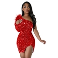 Red sequin one-shoulder cocktail dress with feather trim and side slit detail - Red
