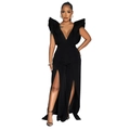 Detail of elegant black jumpsuit featuring deep V-neck and dramatic ruffled shoulder accents - S / Black