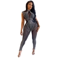 Combinaison sans manches en tulle transparent avec strass et découpe pour femmes - S / Noir
