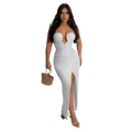 Detail of the elegant white sequin long dress featuring a high side slit and V-neckline - Silver