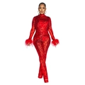 Detail of red sequin bodysuit featuring sheer mesh fabric and plush feather cuffs - S / Red