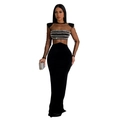 Elegant black evening gown with sheer mesh long sleeves and sparkling rhinestone details - S / Black
