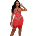 Red bodycon mini dress with rhinestones, deep V-neck and slim fit for party wear - S / Red