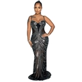 Eleganteres schwarzes Mesh-Abendkleid mit silbernen Strasssteinen und Herz-Ausschnitt - S / Schwarz