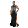Detail of sheer mesh patchwork with sparkling rhinestones on black evening gown - S / Black