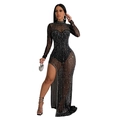 Schwarzes Maxikleid aus Mesh mit hohem Ausschnitt, Strasssteinen und hohem Schlitz - S / Schwarz