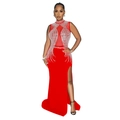 Detail of red evening dress with silver rhinestone fringe and high side slit - S / Red