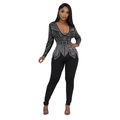 Elegante zwarte jumpsuit met lange mouwen en diepe V-hals met zilveren straspatronen - S / Zwart