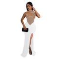 Detail of elegant evening dress with silver rhinestone butterfly patterns on sheer mesh - S / Apricot