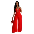 Detail of red strapless wide-leg jumpsuit with elegant gold U-shaped metal buckle accent - S / Red