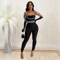 Sleeveless black slim jumpsuit for women featuring elegant rhinestone cutouts and gloves - S / Set / Black