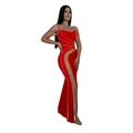 Close-up of red bodycon dress featuring sparkling rhinestones and mesh patchwork detail - S / Red