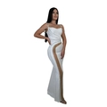 Detailed view of white bodycon dress featuring side mesh cutouts and silver rhinestone lines - S / White
