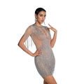 Detail of silver sequin mini dress featuring metallic tassels and sheer mesh V-neckline - S / Apricot