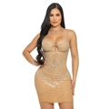 Detailaufnahme der feinen Strass-Geometriemuster auf dem Mesh-Bodycon-Minikleid - S / Aprikose