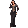 Close-up of black bodycon evening dress featuring intricate gold and silver rhinestones - S / Black