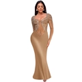 Detailed view of rhinestones and mesh patchwork on long sleeve evening mermaid gown - S / Apricot