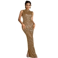 Detail of elegant sleeveless slim fit maxi dress with sparkling silver rhinestones - S / Apricot