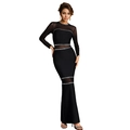 Slim fit black maxi dress with sheer mesh panels and sparkling rhinestone accents - S / Black