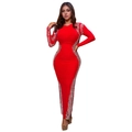 Detailed view of red long sleeve bodycon dress with silver sequin side panels - S / Red