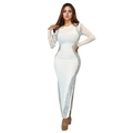 Detail view of the side slit and silver sequin geometric stripes on the white maxi dress - S / White