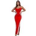 Detail of red floor-length dress with sparkly rhinestone patterns and side slit - S / Red