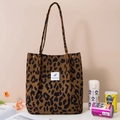 Large capacity leopard print corduroy canvas tote bag with shoulder straps for daily travel - Brown Leopard