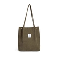 Macro detail of olive green corduroy tote bag featuring metal snap buttons and fabric tag - Grass Green