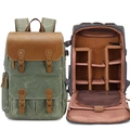 Professional vintage canvas camera backpack with waterproof leather flap for DSLR cameras. - Camera Version / Apple Green