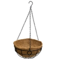 Hanging metal wire planter with natural coco fiber liner and black iron chains for garden - Round Rim Basket