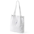 White corduroy tote bag with vertical stripes and minimalist feather patch design - White