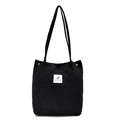 Minimalist black corduroy tote bag with white patch label and metal buckles for women - Black