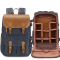 Large capacity waterproof canvas camera backpack with leather straps and drone storage - Camera Version / Sapphire Blue