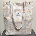 Light blue and orange plaid corduroy tote bag with button closure and handle - Small Fragrance Blue Style