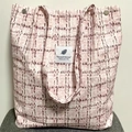 Pink and white checkered corduroy tote bag with metal snap button and decorative label - Pink Tweed Style