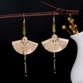 Traditional fan-shaped drop earrings in golden finish with green beads and tassels - E4591/New Chinese Fan Tassel