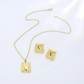 Luxurious gold jewelry set with square pendant necklace and matching stud earrings - 3D Wave Texture Style (E4365-4)