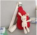 Kids cute red canvas chest bag with 3D plush bunny and adjustable white strap - Rabbit Red